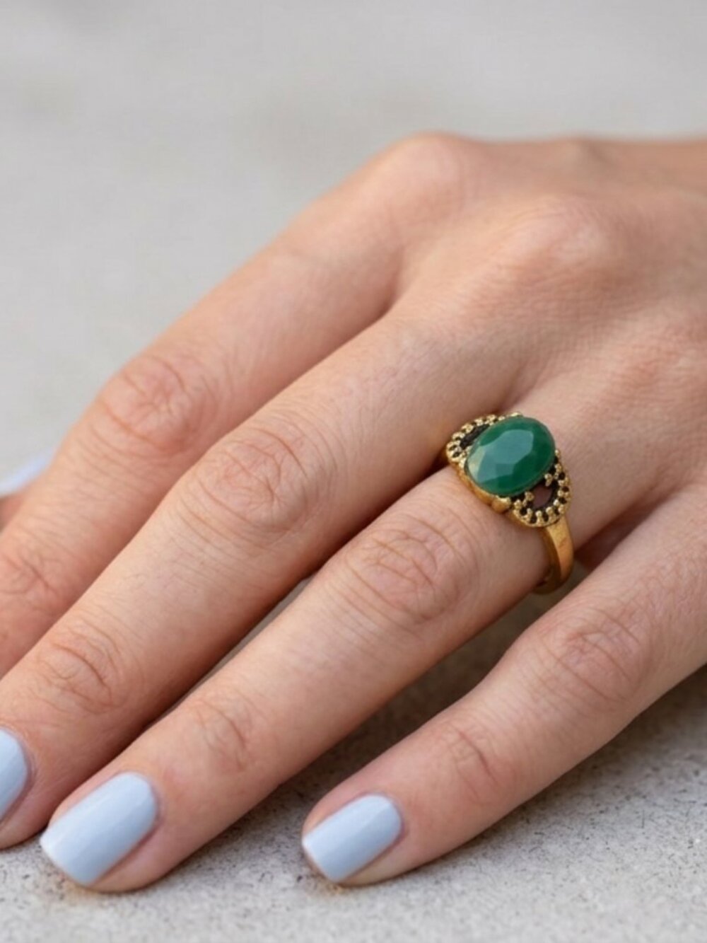 Boho gold-plated Natural Green Gemstone Geometric Alloy Metal Ring NWOT
